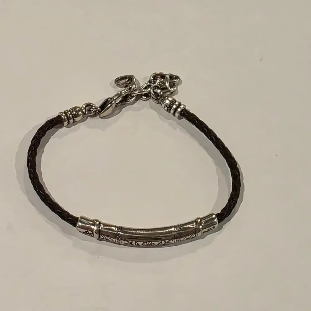 Brighton Leather Braided Bracelet with Etched Silver Tone Barrel Accent Clasp